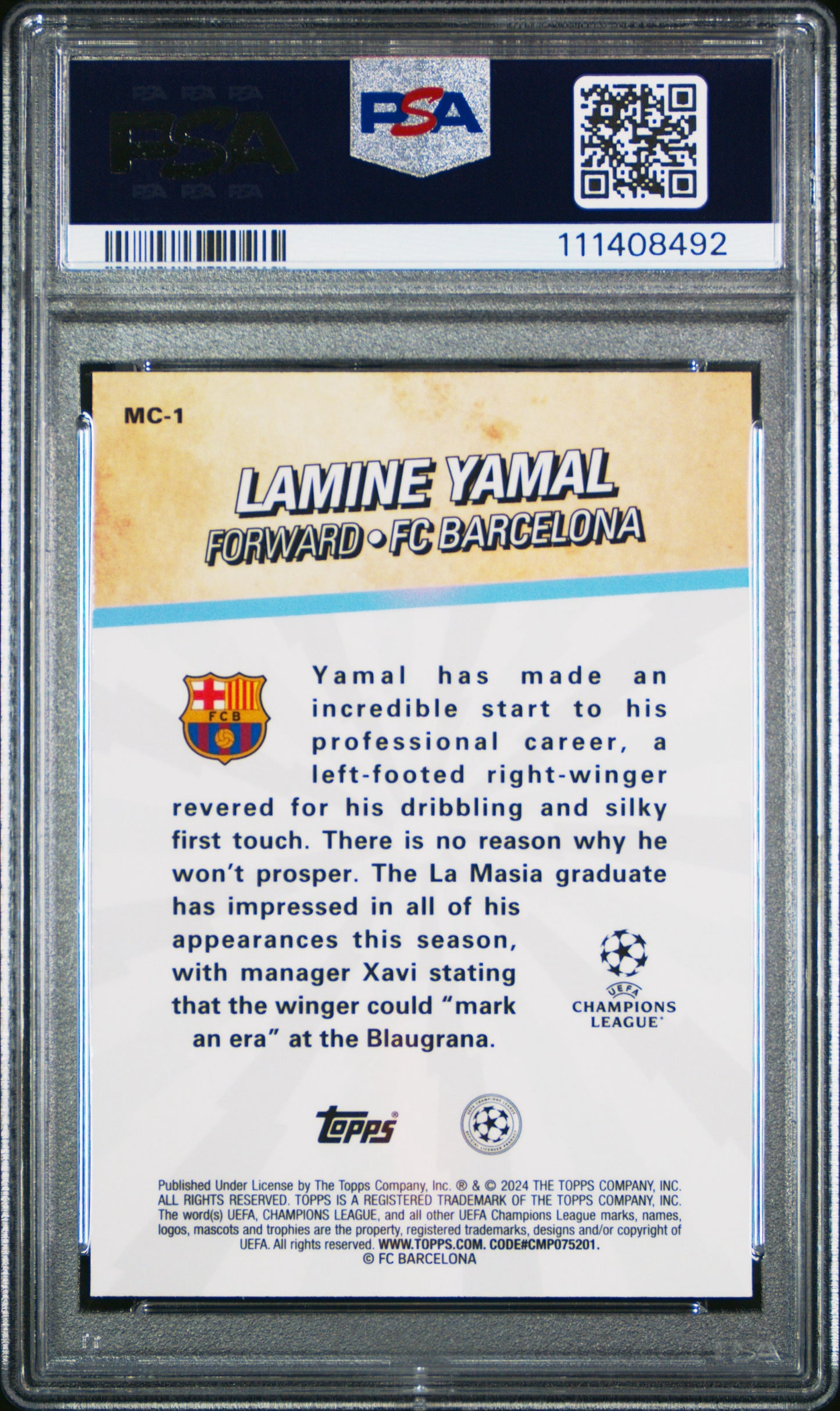 2023-24 Topps Merlin UEFA Club Competitions Merlin's Chosen Ones #MC1 Lamine Yamal PSA 10 Rookie