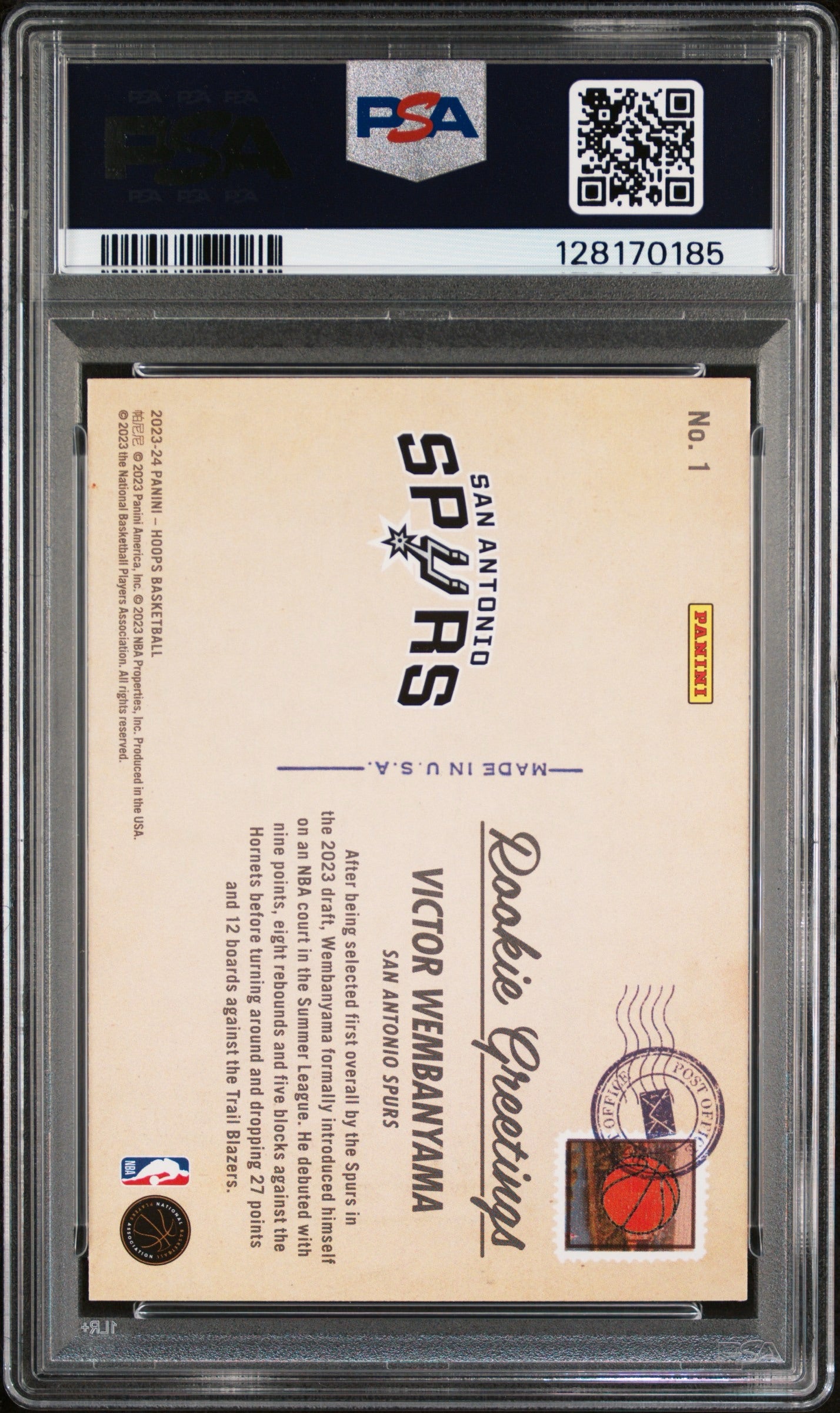 2023 Panini NBA Hoops #1 Victor Wembanyama Rookie Greetings Holo PSA 10
