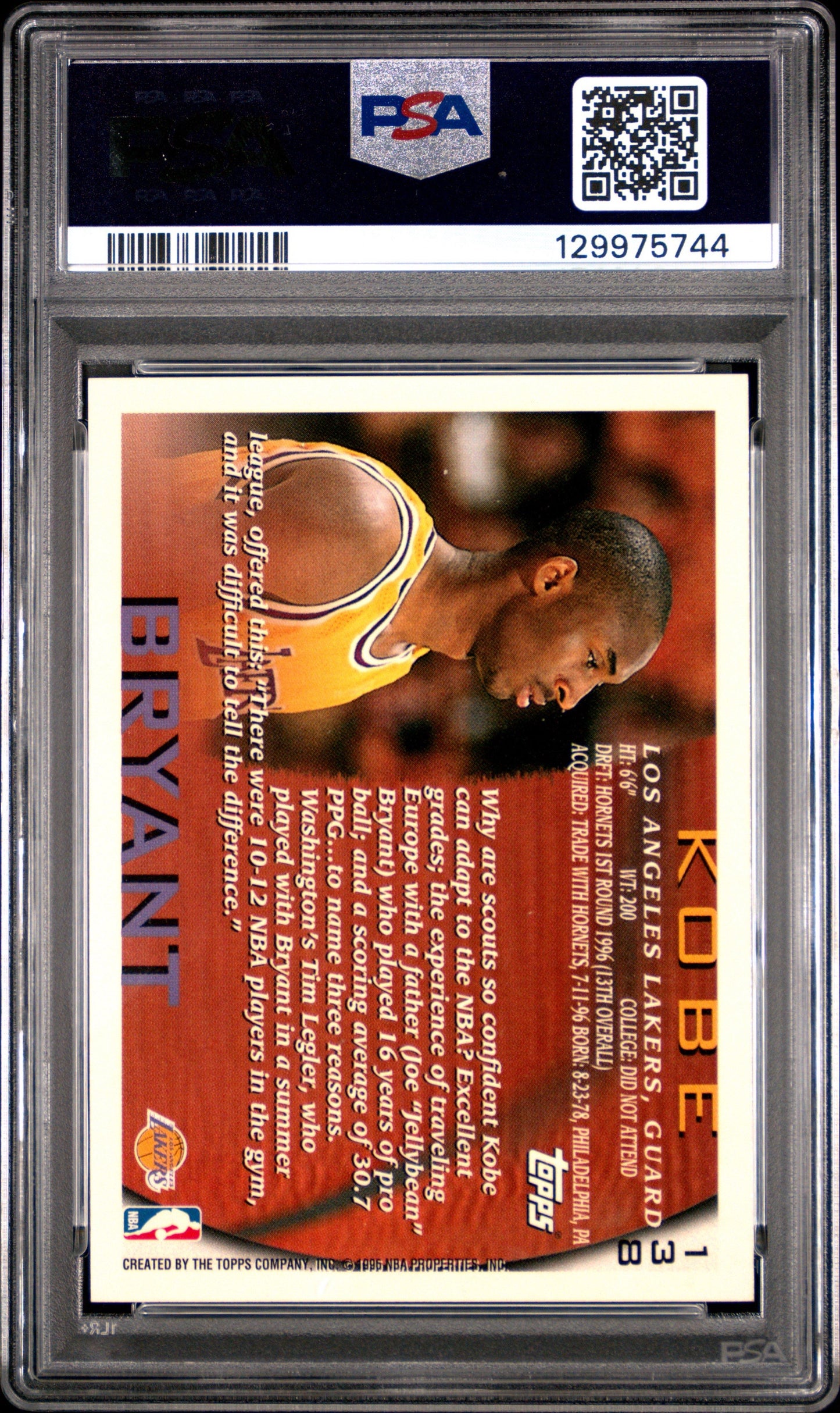 Topps Kobe Bryant #138 1996 Rookie PSA 8 LA Lakers