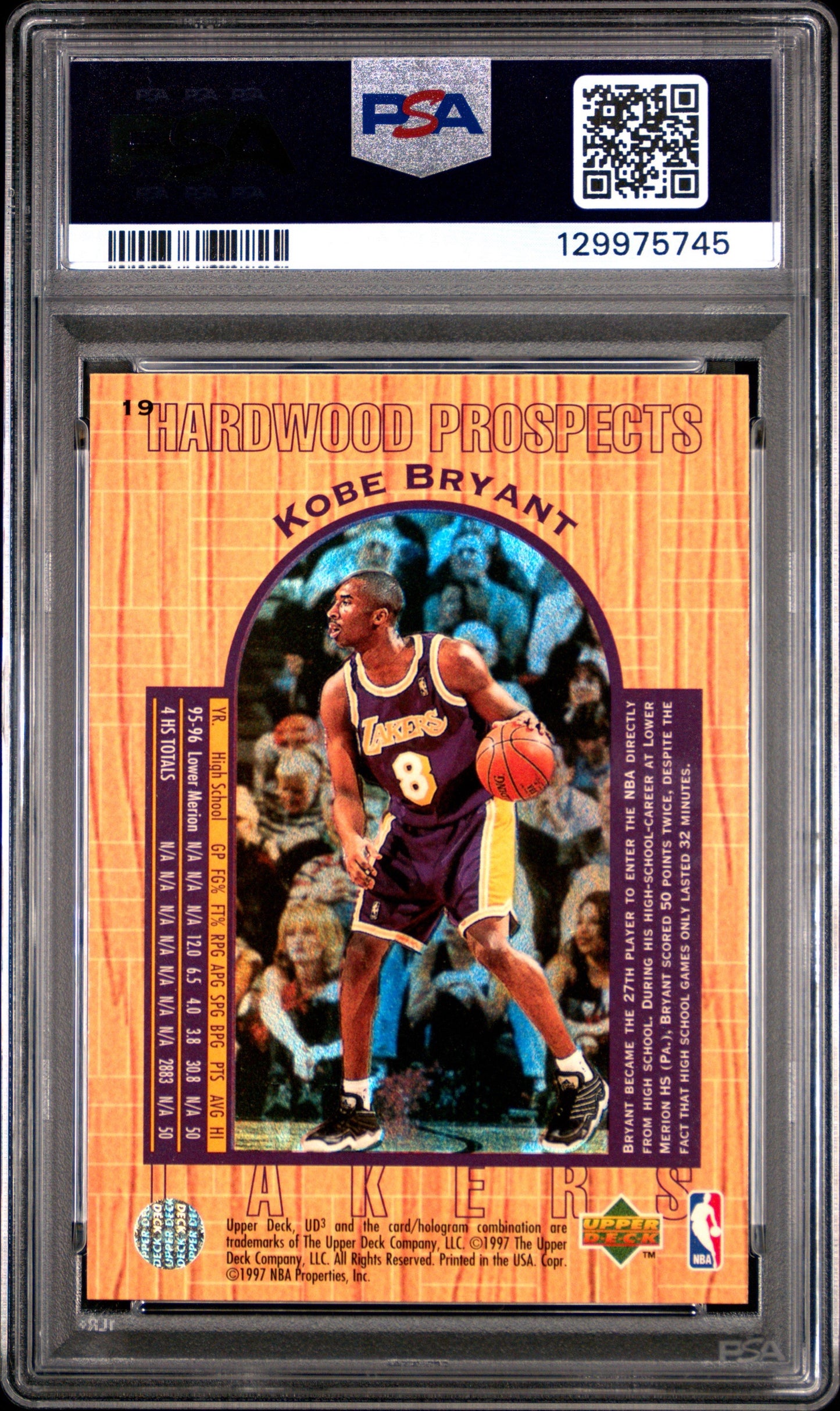 Upper Deck UD3 Hardwood Prospects Kobe Bryant #19 1996 Rookie PSA 10