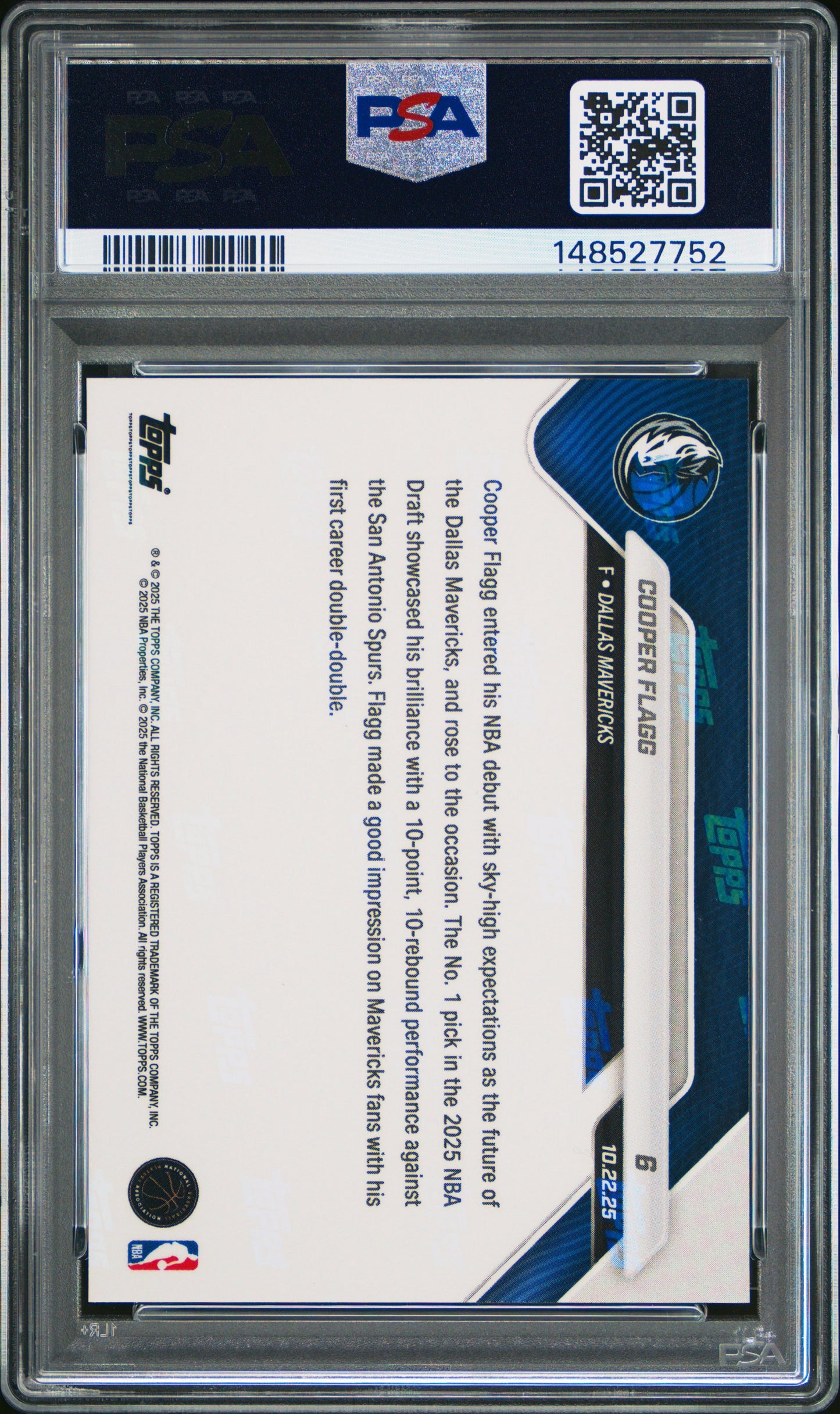 2025 Topps Now #6 Cooper Flagg Rookie PSA 10 RC Dallas Mavericks