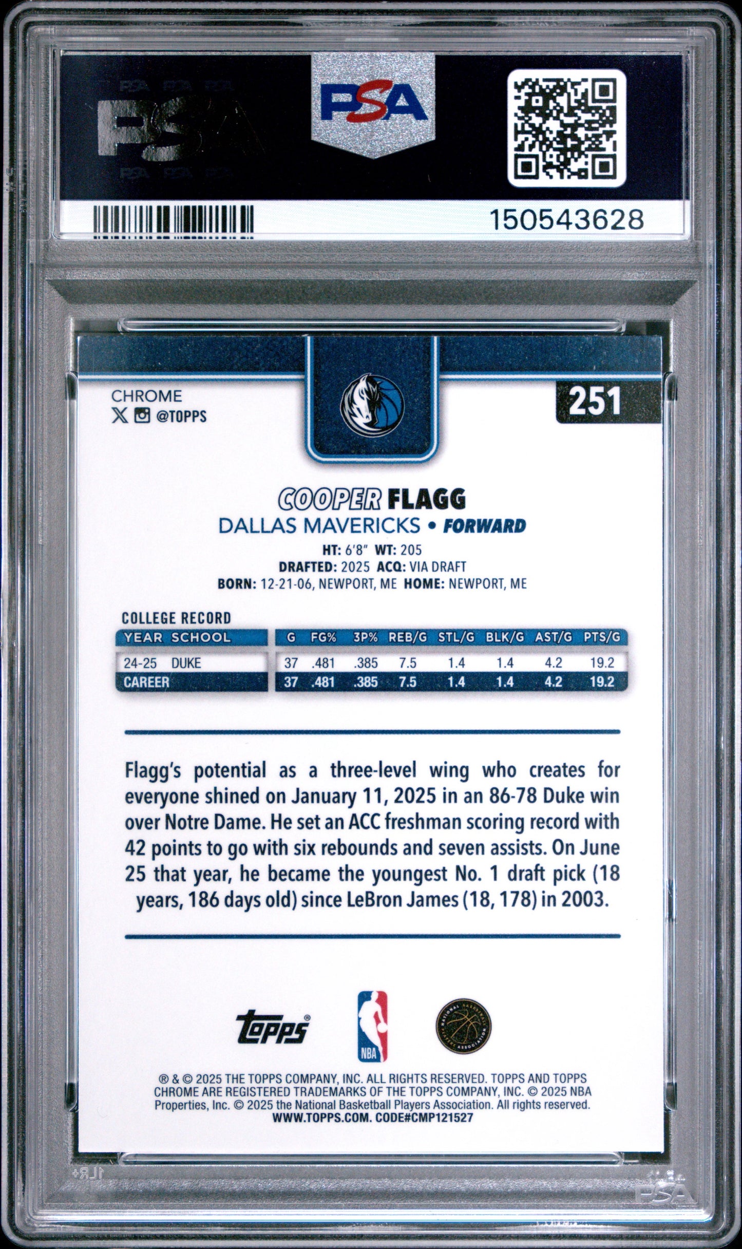 2025 Topps Chrome #251 Cooper Flagg X-Fractor PSA 10 Rookie RC Dallas Mavericks