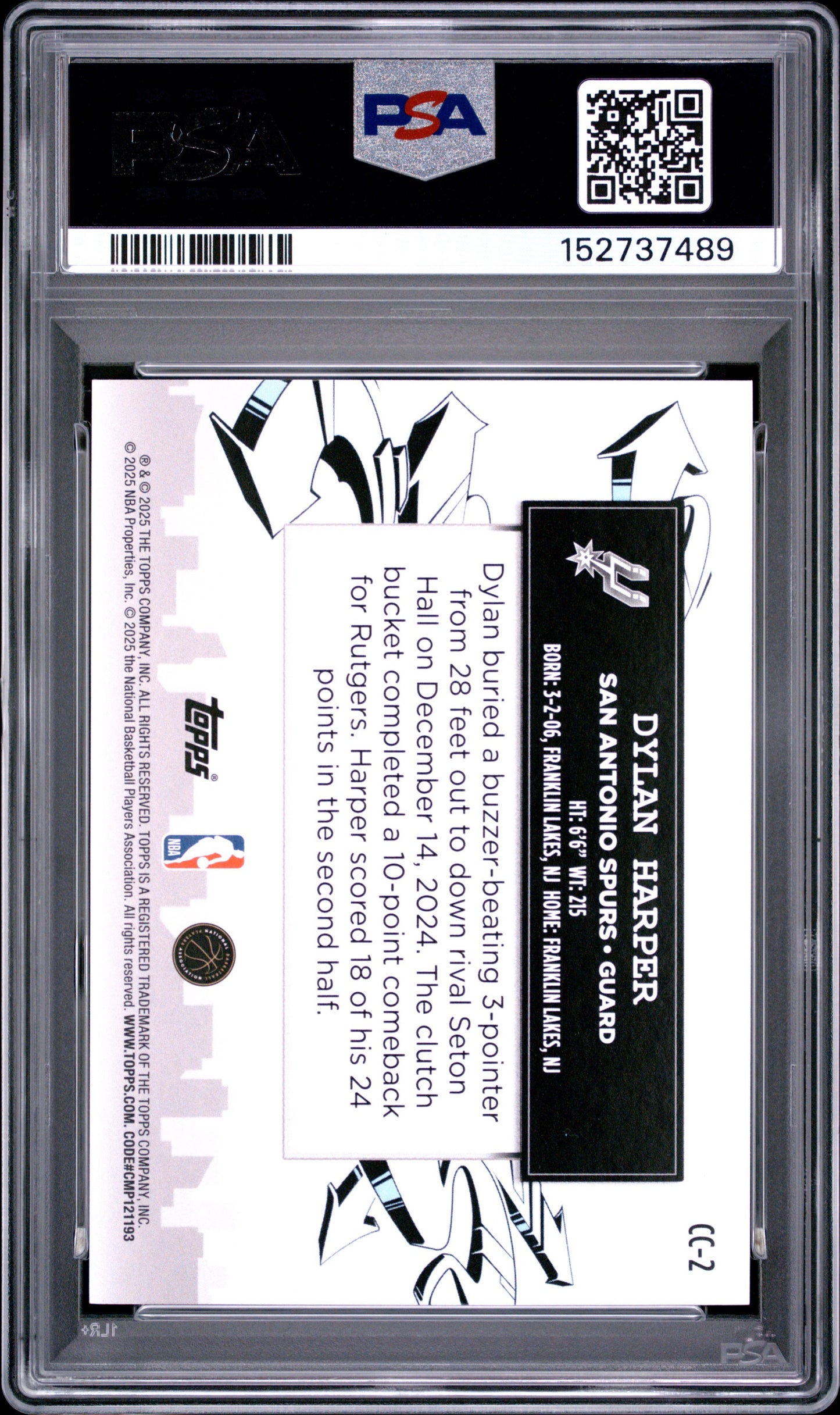 2025 Topps Clutch City Prospects #CC-2 Dylan Harper PSA 10 Rookie