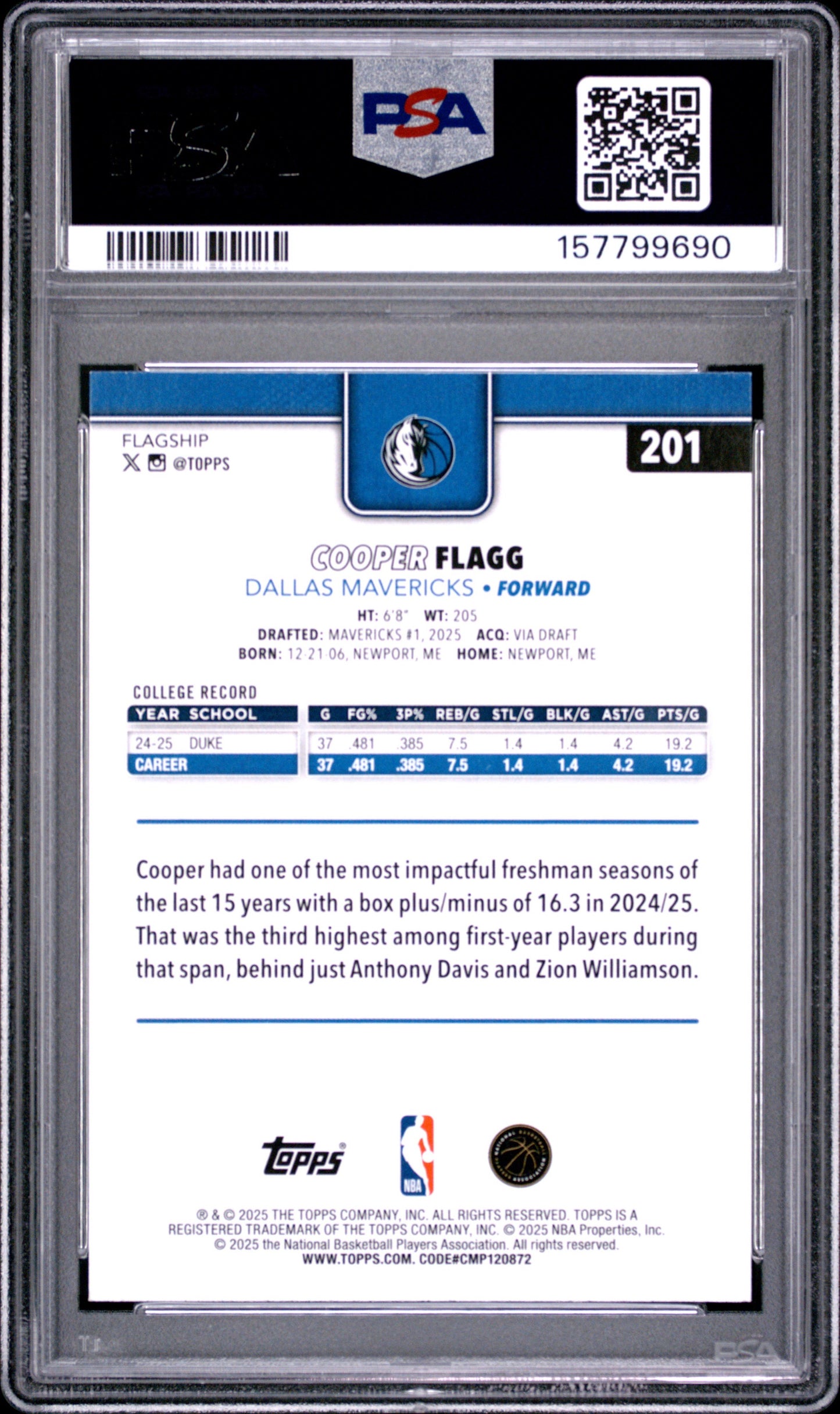 2025 Topps #201 Cooper Flagg PSA 9 Rookie RC Dallas Mavericks