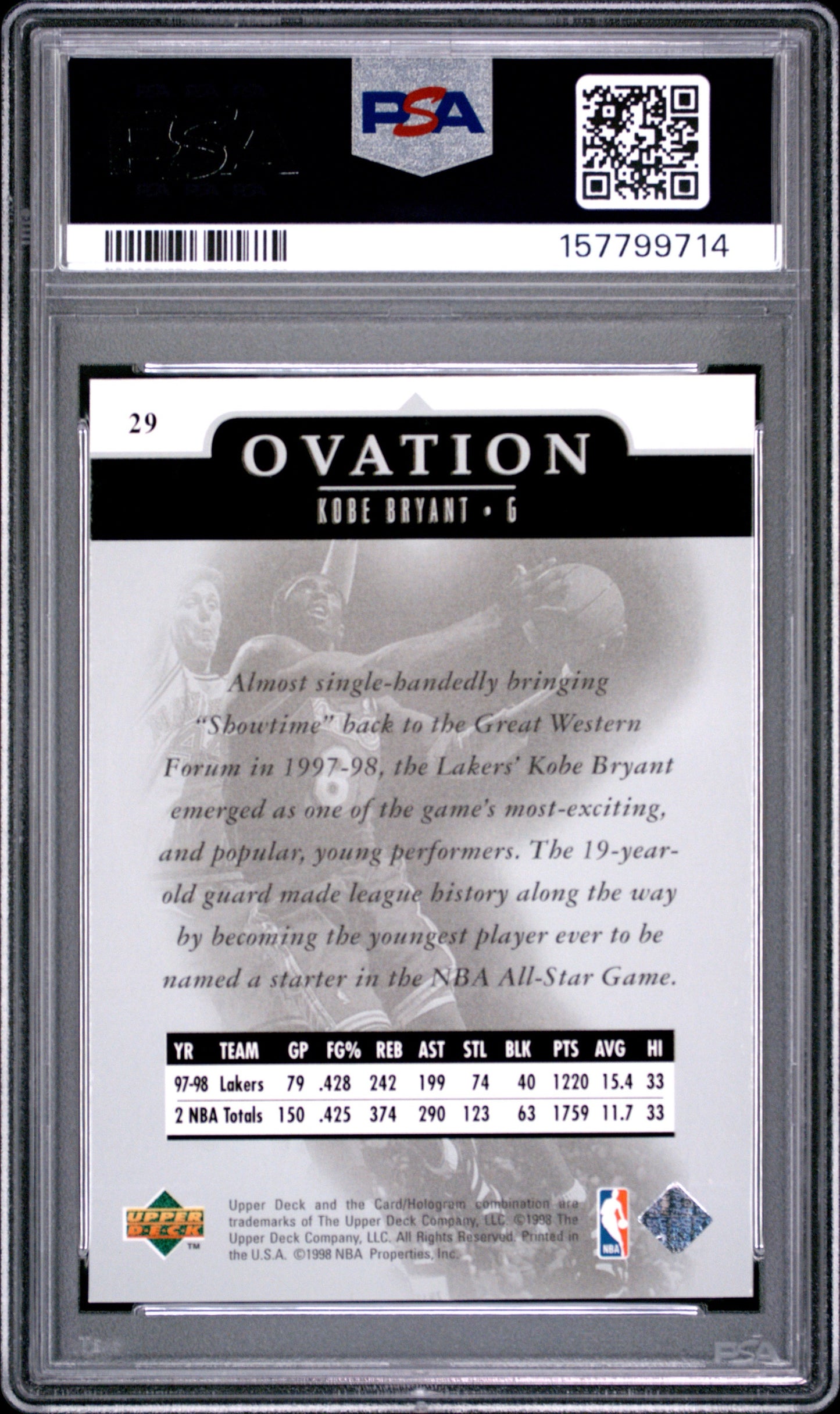1998 Upper Deck Ovation #29 Kobe Bryant PSA 8 LA Lakers