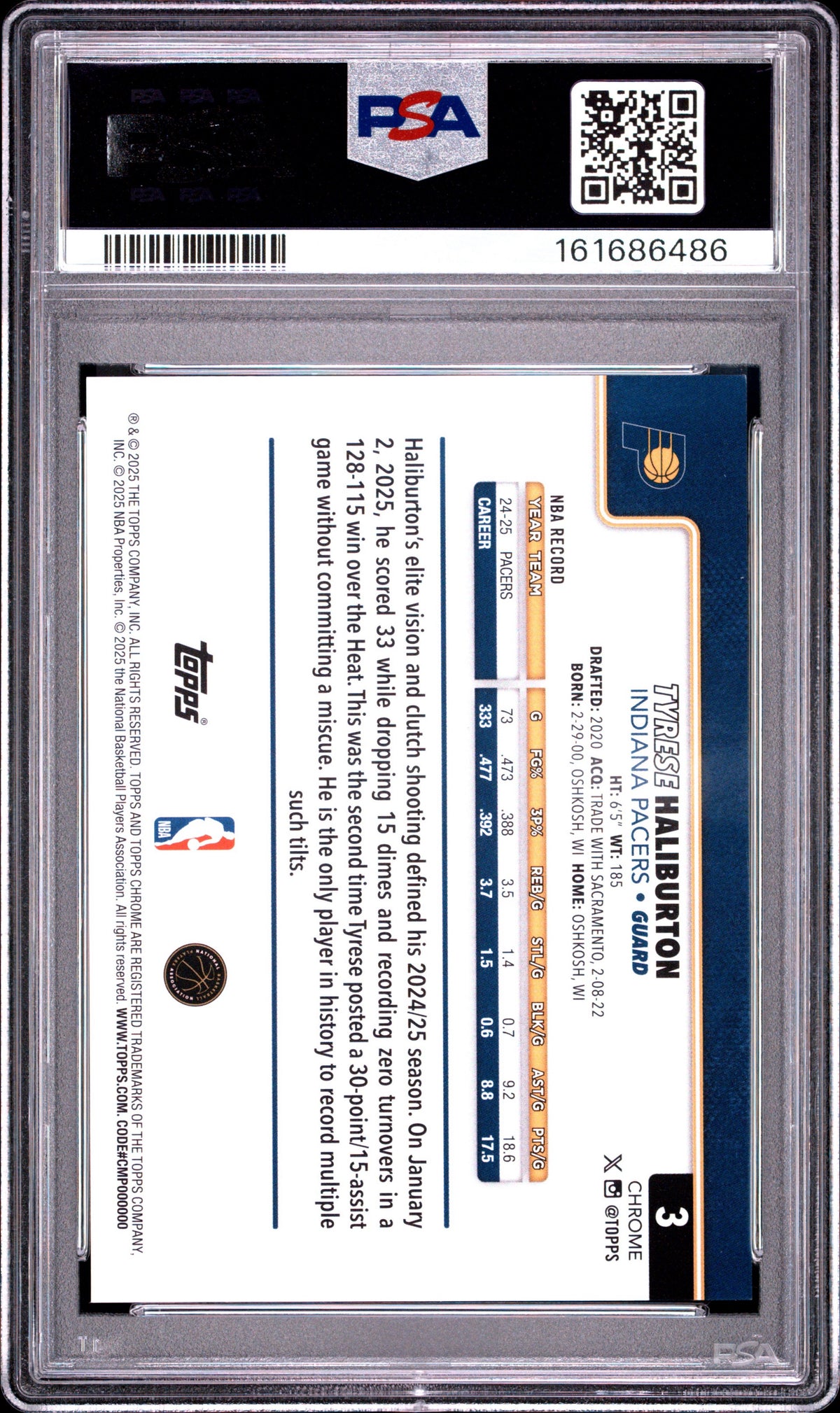2025 Topps Chrome #3 Tyrese Haliburton Orange Basketball Refractor /25 PSA 10 POP1