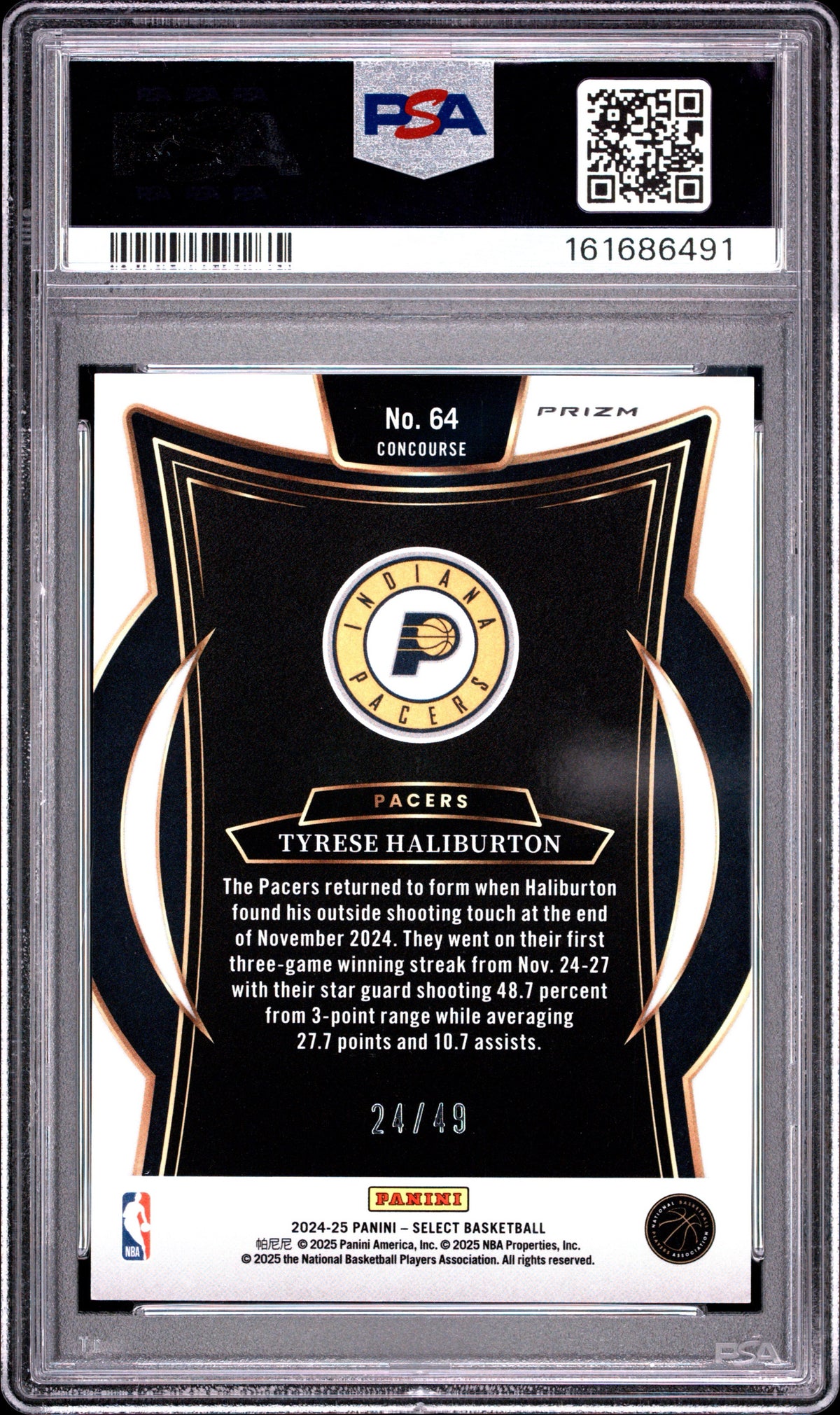 2024 Panini Select #64 Tyrese Haliburton Bronze Checker /49 PSA 10 Indiana Pacers