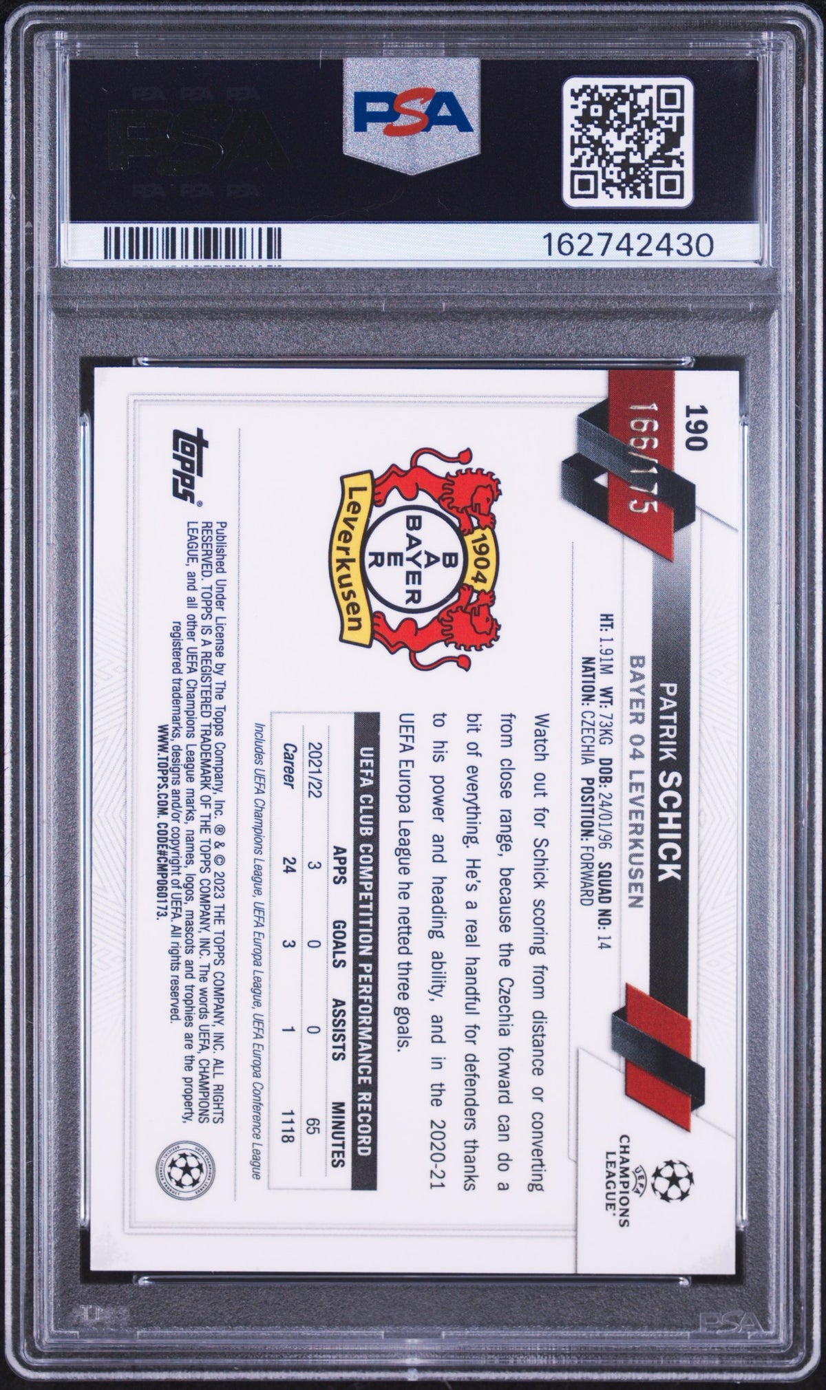 2022-23 Topps Chrome UEFA Club Competitions #190 Patrik Schick Pink Mini Diamond /175 PSA 10 POP1