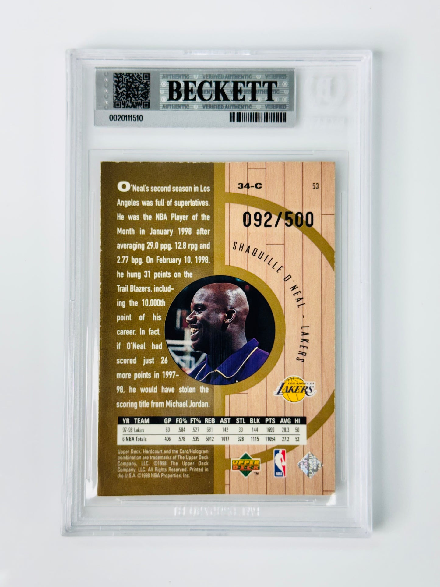 1998 Upper Deck Hardcourt Home Court Advantage Plus /500 #53 Shaquille O'Neal BGS 6.5