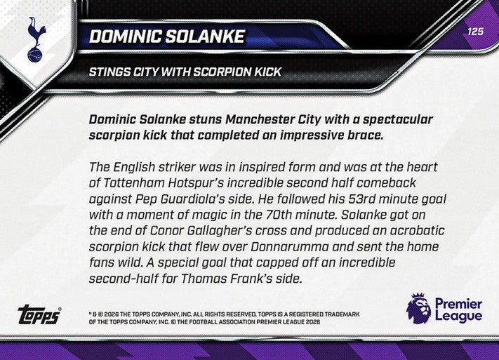PRE-ORDER Topps NOW Dominic Solanke 2025-26 Premier League Card 125 2026 Feb10