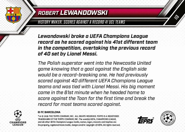 PRE-ORDER Topps NOW Robert Lewandowski 2025-26 UCL Card 113 Mar31