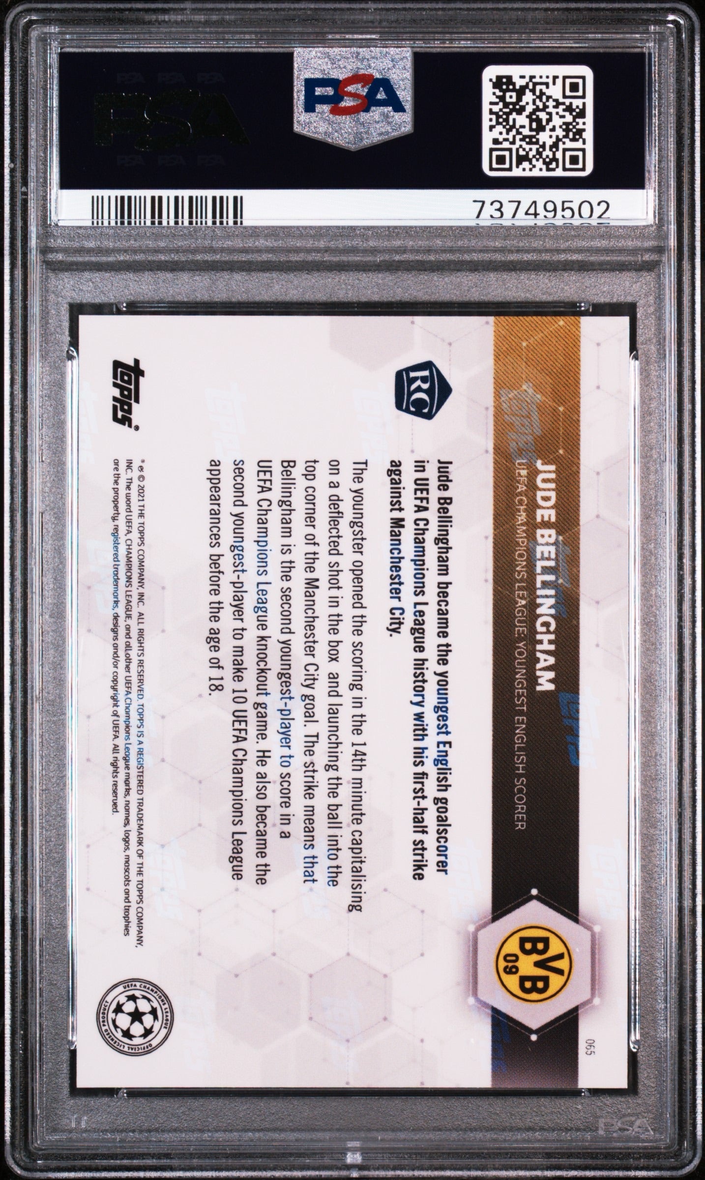 2020 Topps Now UEFA Champions League #065 Jude Bellingham PSA 10 Rookie RC