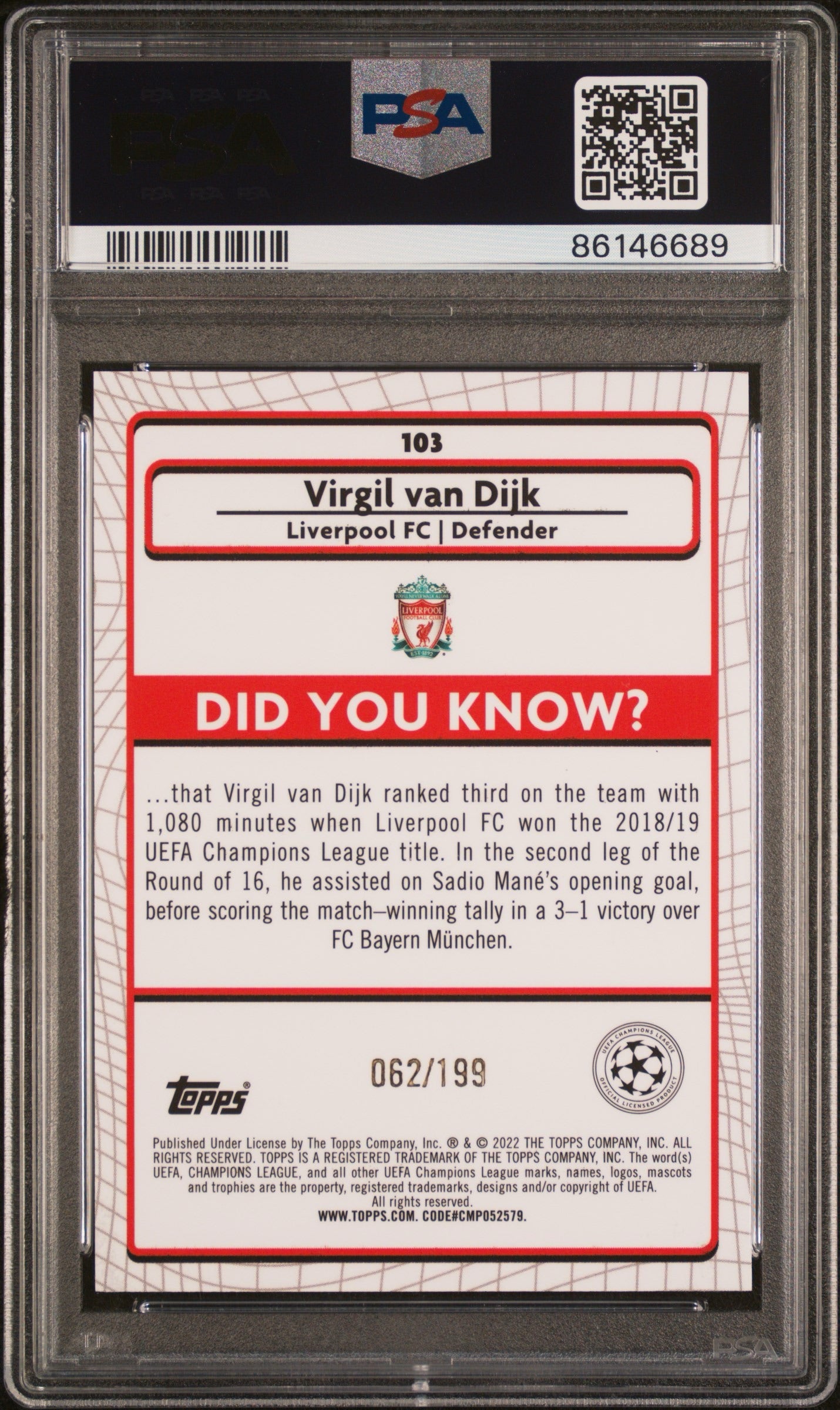 2021-22 Topps Merlin Chrome UEFA League #103 Virgil Van Dijk Aqua Refractor /199 PSA 10 POP1