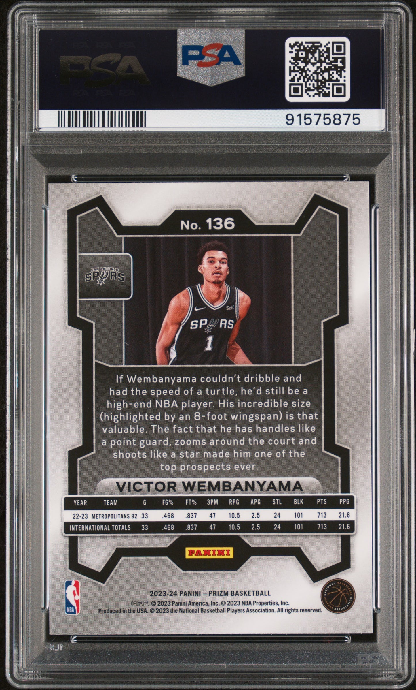 2023 Panini Prizm #136 Victor Wembanyama Rookie RC PSA 10 San Antonio Spurs