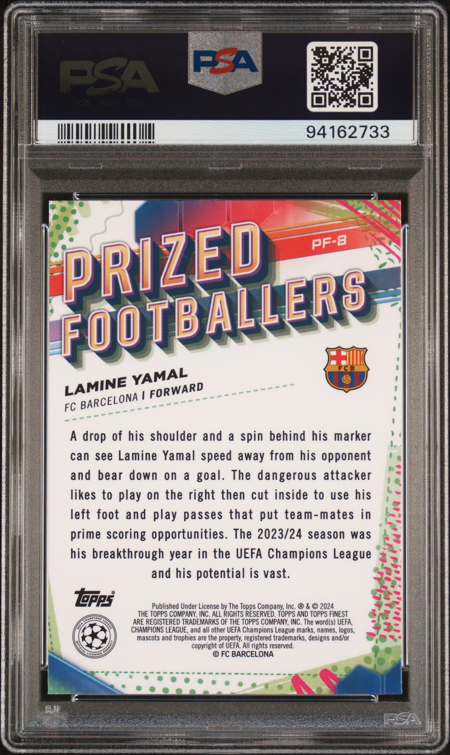 2023-24 Topps Finest UEFA Club Competitions Prized Footballers #PF8 Lamine Yamal PSA 10 Rookie