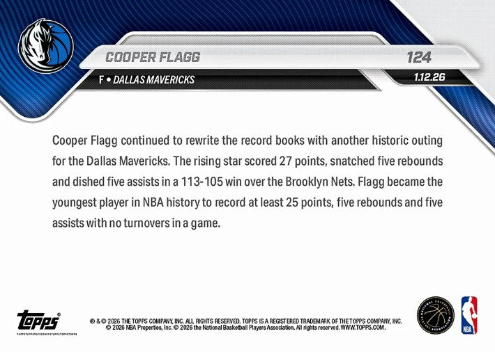 Cooper Flagg 2025-26 NBA Topps NOW Card 124 Rookie RC Dallas Mavericks