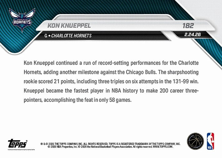 Kon Knueppel 2025-26 NBA Topps NOW Card 182 Rookie RC Charlotte Hornets