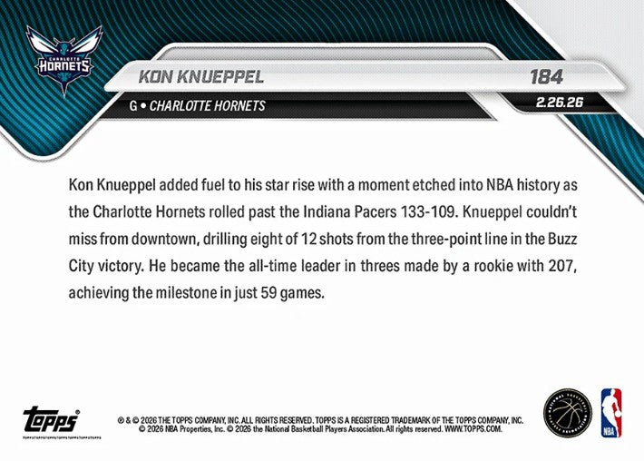 Kon Knueppel 2025-26 NBA Topps NOW Card 184 Rookie RC Charlotte Hornets
