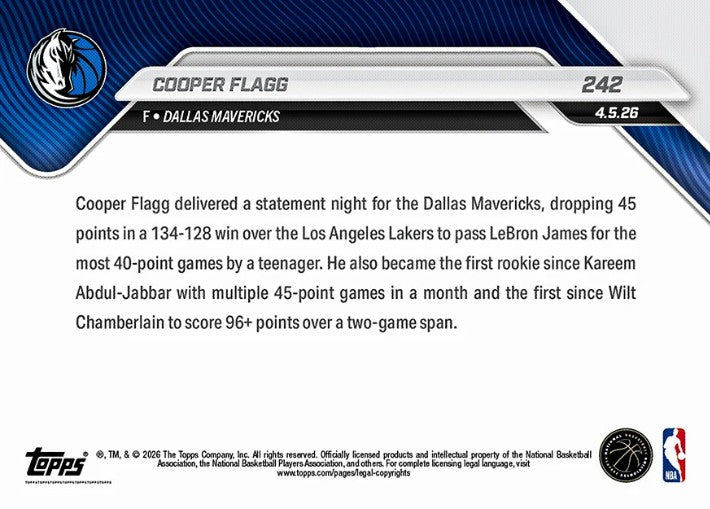 Cooper Flagg 2025-26 NBA Topps NOW Card 242 Rookie RC Dallas Mavericks