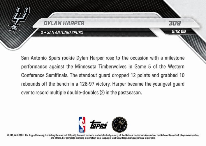 Dylan Harper 2025-26 NBA Topps NOW Card 309 Rookie RC San Antonio Spurs