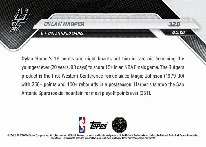 Dylan Harper 2025-26 NBA Topps NOW Card 329 Rookie RC San Antonio Spurs