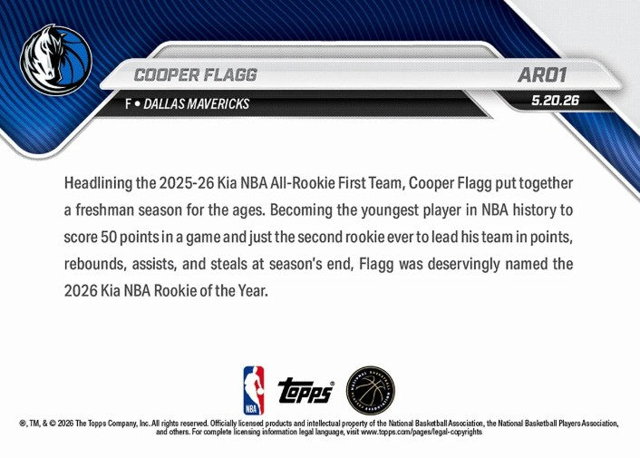 Cooper Flagg 2025-26 NBA Topps NOW Card AR01 Rookie RC Dallas Mavericks
