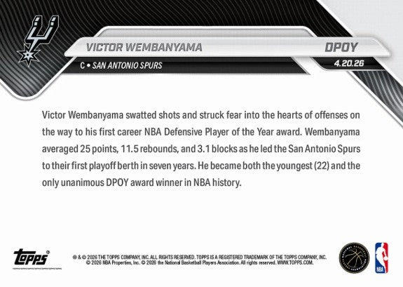 Victor Wembanyama 2025-26 NBA Topps NOW Card DPOY San Antonio Spurs