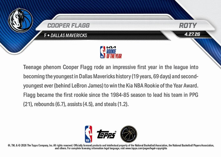 Cooper Flagg 2025-26 NBA Topps NOW Card ROTY Rookie RC Dallas Mavericks