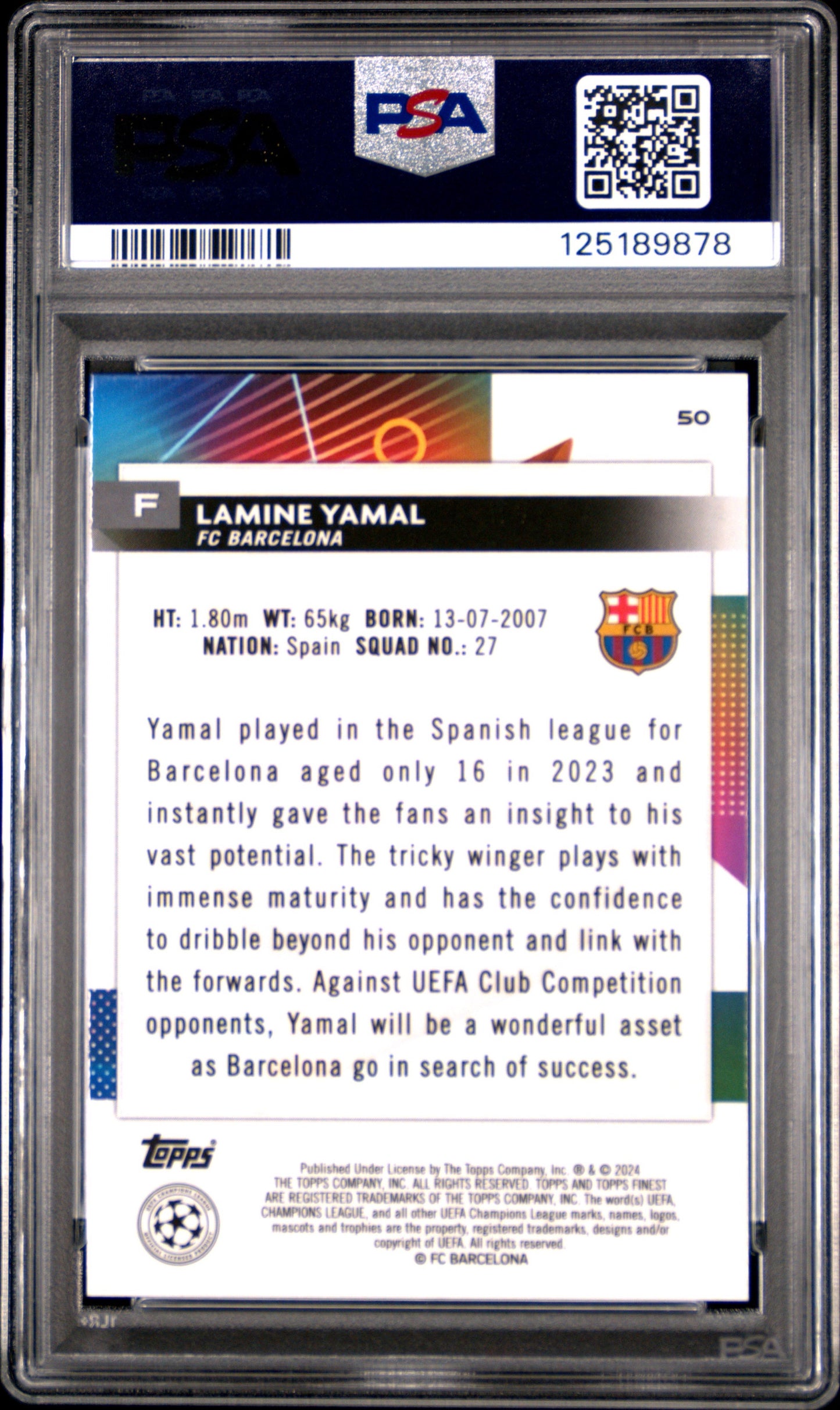 2023-24 Topps Finest UEFA Club Competitions #50 Lamine Yamal PSA 10 Rookie