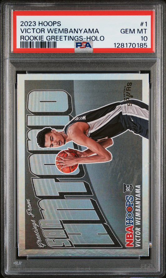 2023 Panini NBA Hoops #1 Victor Wembanyama Rookie Greetings Holo PSA 10