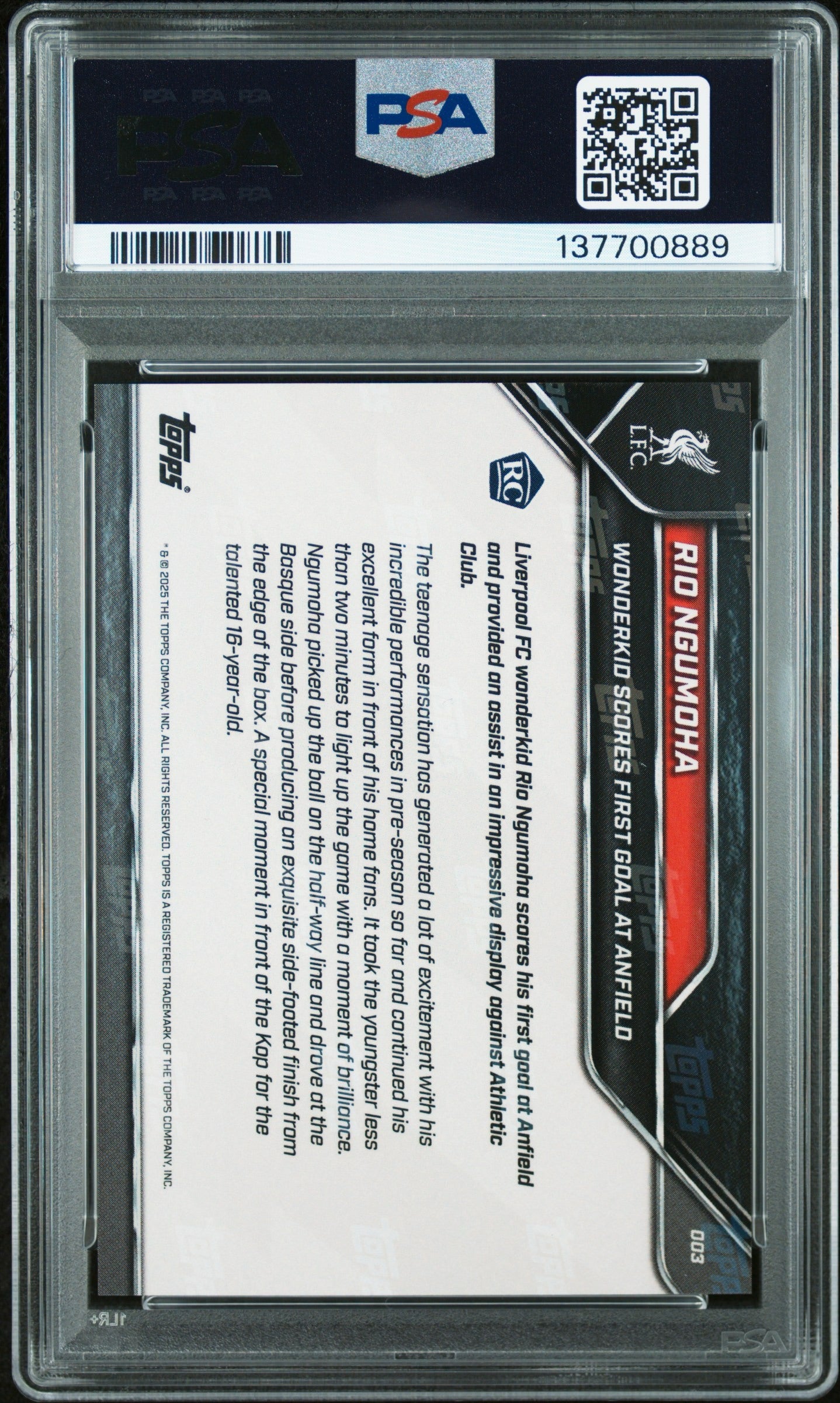 2025-26 Topps Now Liverpool FC #3 Rio Ngumoha PSA 10 Rookie RC