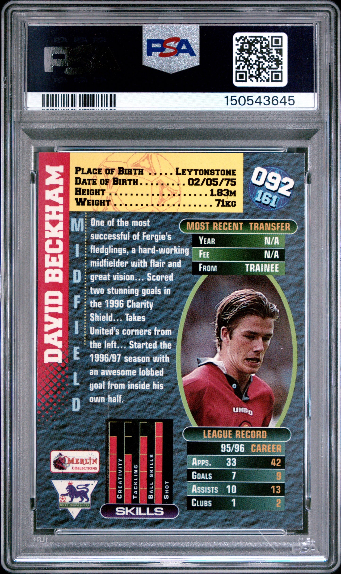 1996 Merlin's Premier Gold #92 David Beckham PSA 9 Manchester United