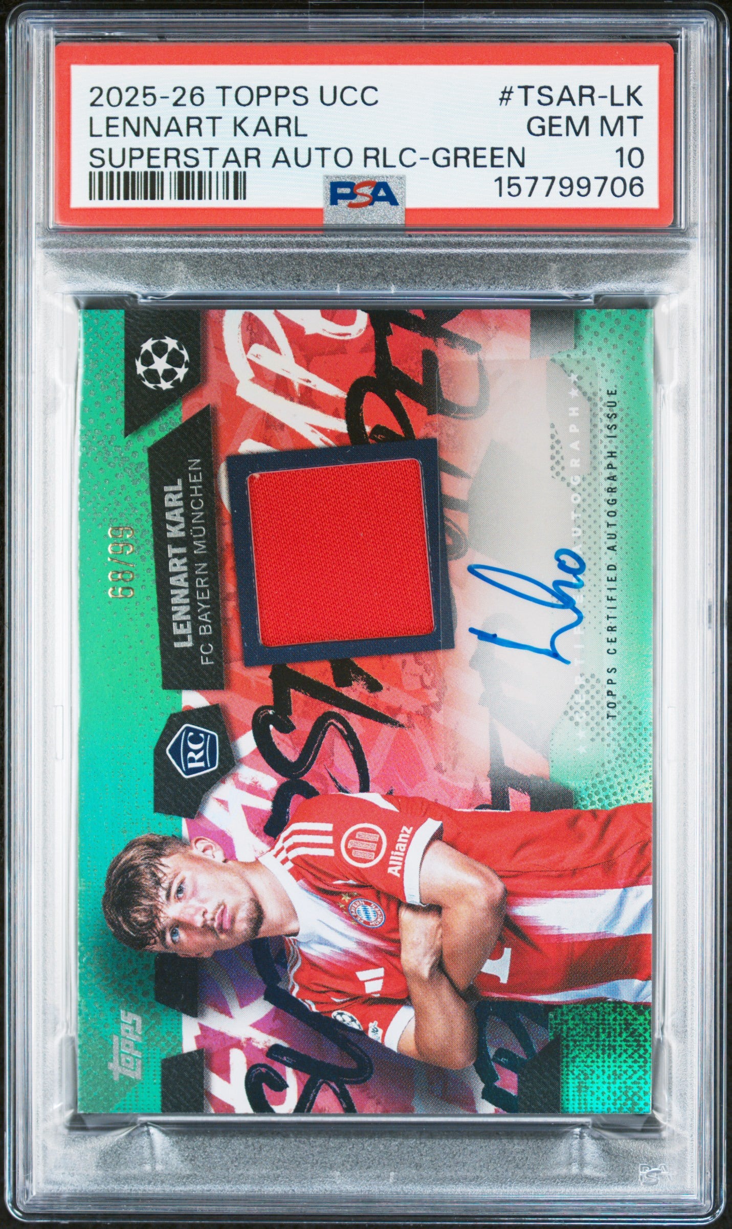 2025-26 Topps UEFA UCC Superstar Autograph Relics #TSAR-LK Lennart Karl AU Relic-Green PSA 10 RC /99