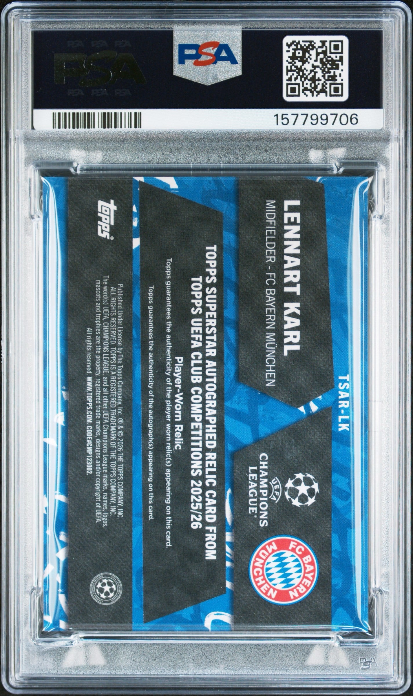2025-26 Topps UEFA UCC Superstar Autograph Relics #TSAR-LK Lennart Karl AU Relic-Green PSA 10 RC /99