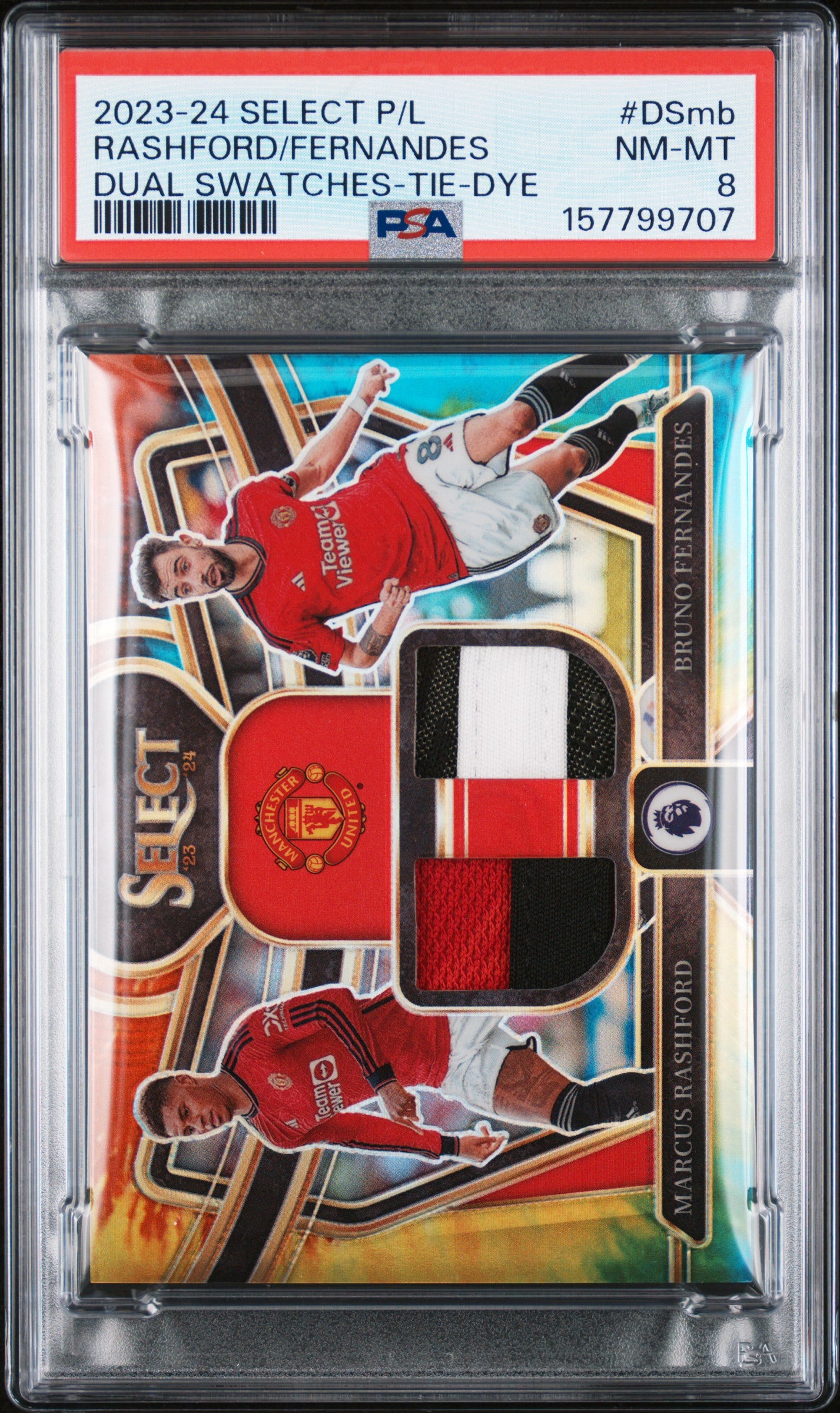2023-24 Panini Select Premier League Dual Swatches #DSMB Rashford/ Fernandes Dual Swatches-Tie-Dye /25 PSA 8 Pop1