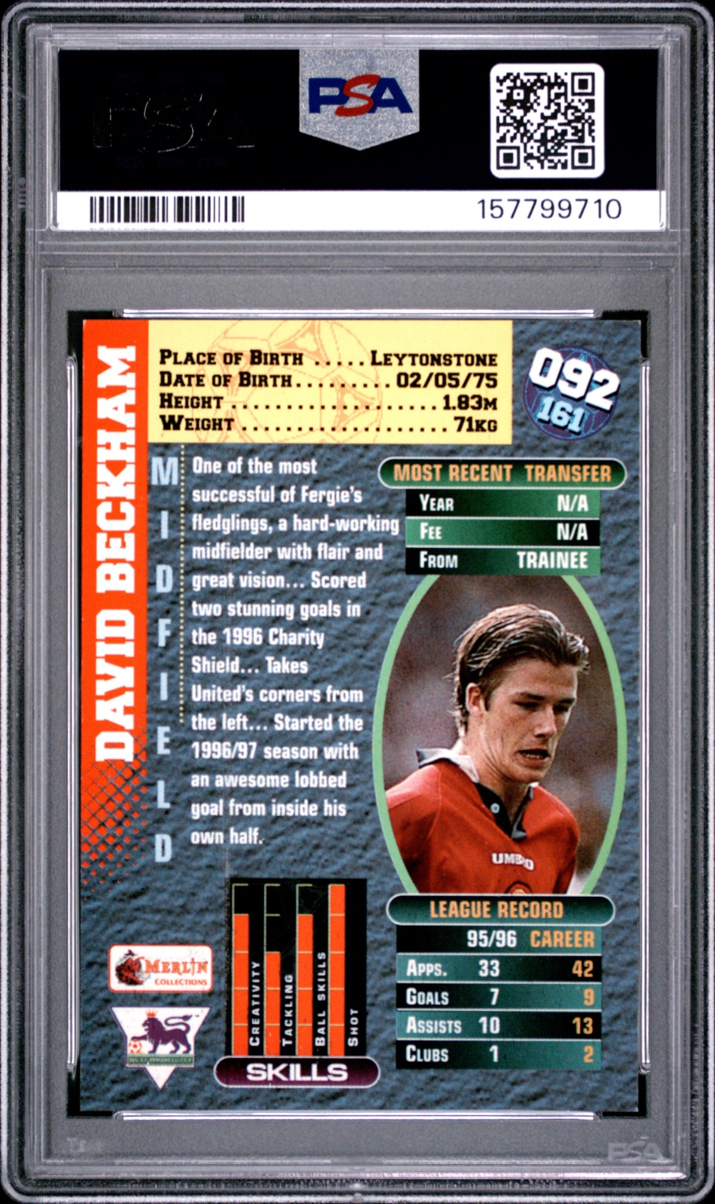 1996 Merlin's Premier Gold #92 David Beckham PSA 7 Manchester United