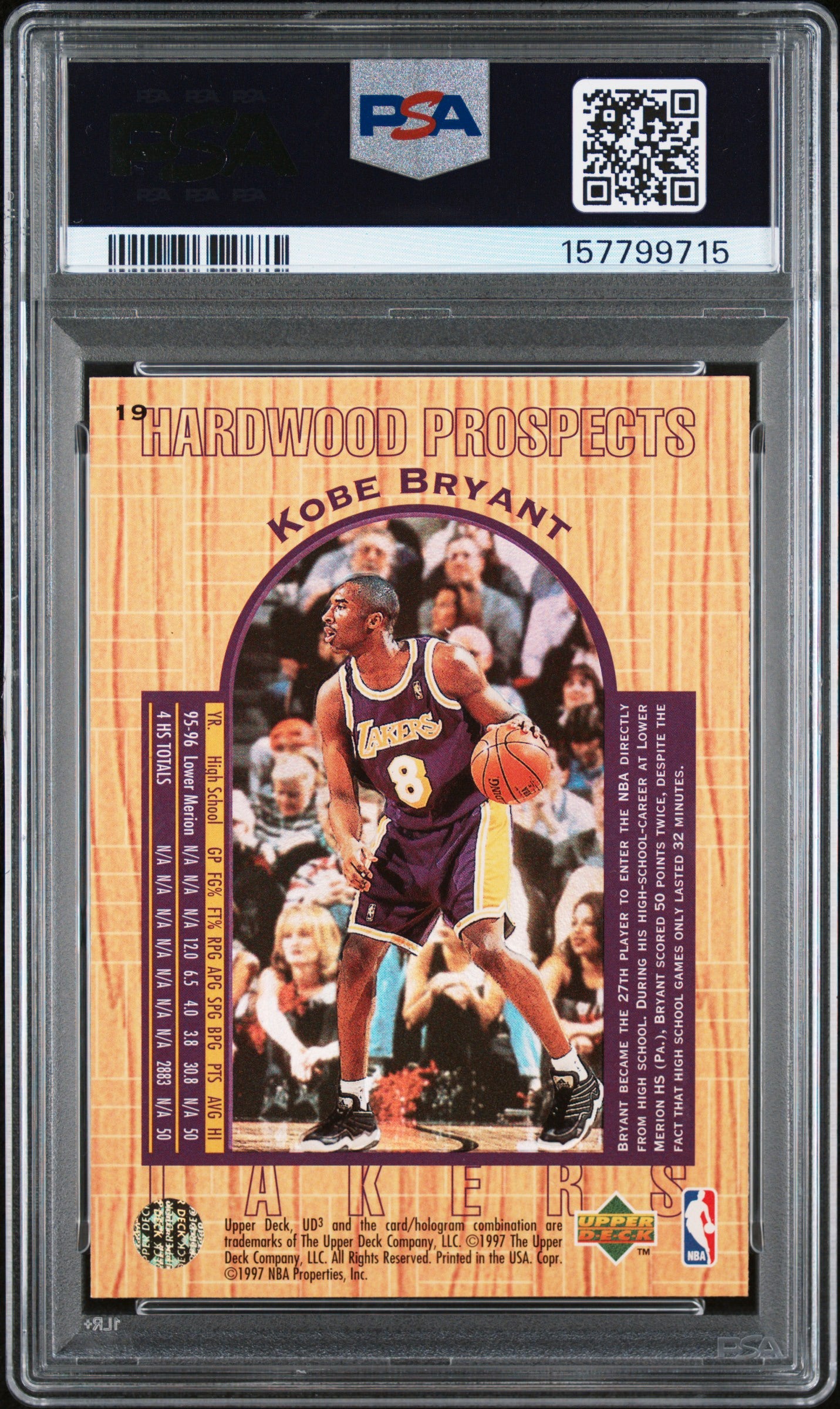 1996 Upper Deck UD3 Hardwood Prospects Kobe Bryant #19 Rookie PSA 9 LA Lakers
