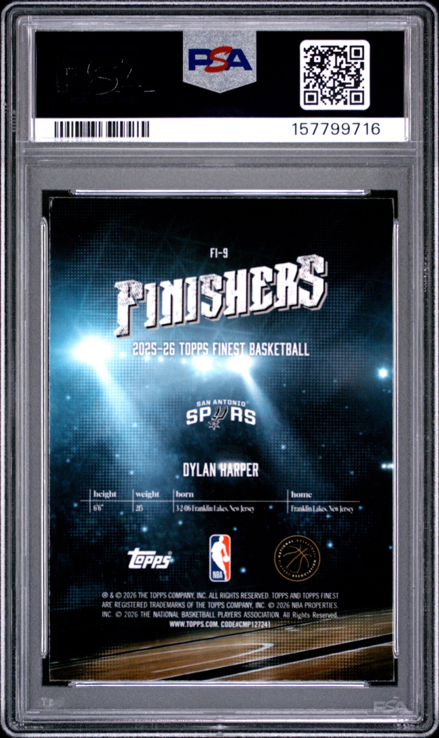 2025 Topps Finest Finishers #FI-9 Dylan Harper PSA 10 Rookie RC San Antonio Spurs