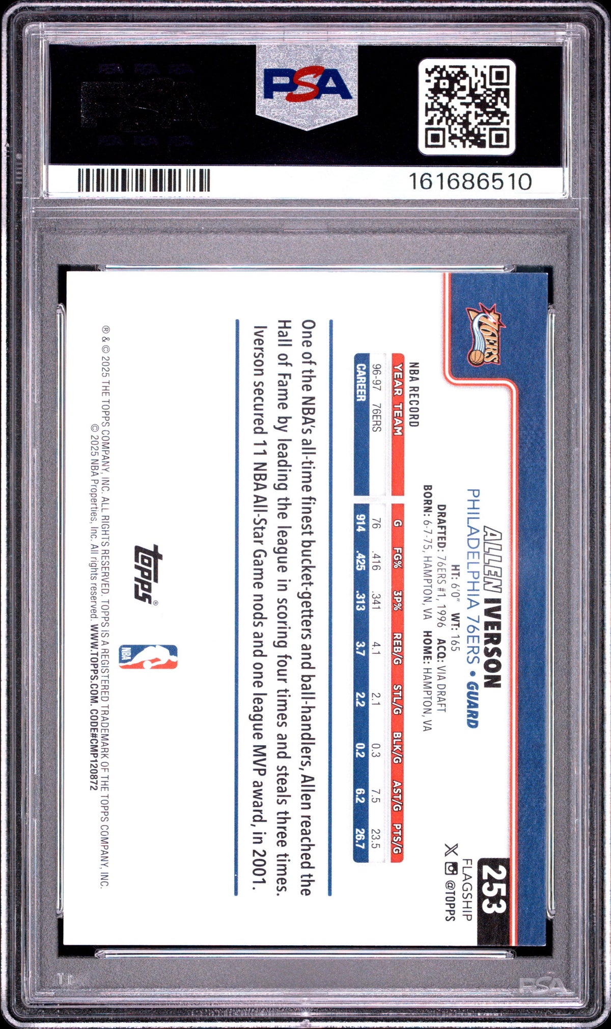 2025 Topps #253 Allen Iverson Gold /2025 PSA 8 Philadelphia 76ers