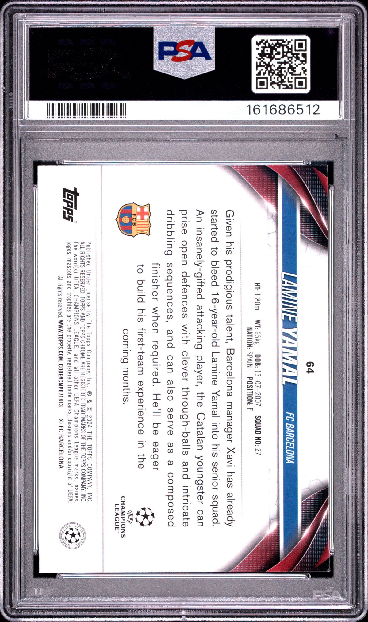 2023-24 Topps Chrome UEFA Club Competitions #64 Lamine Yamal PSA 9 Rookie RC