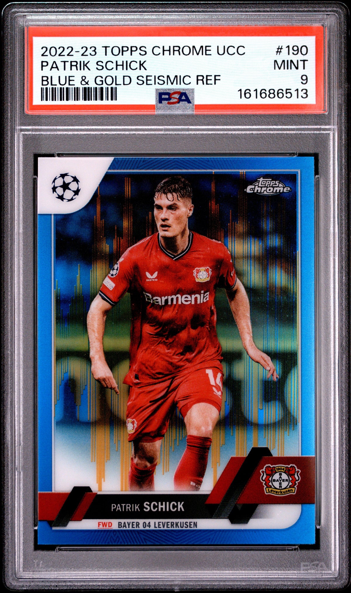2022-23 Topps Chrome UEFA Club Competitions #190 Patrik Schick Blue & Gold Seismic Refractor /75 PSA 9 POP1