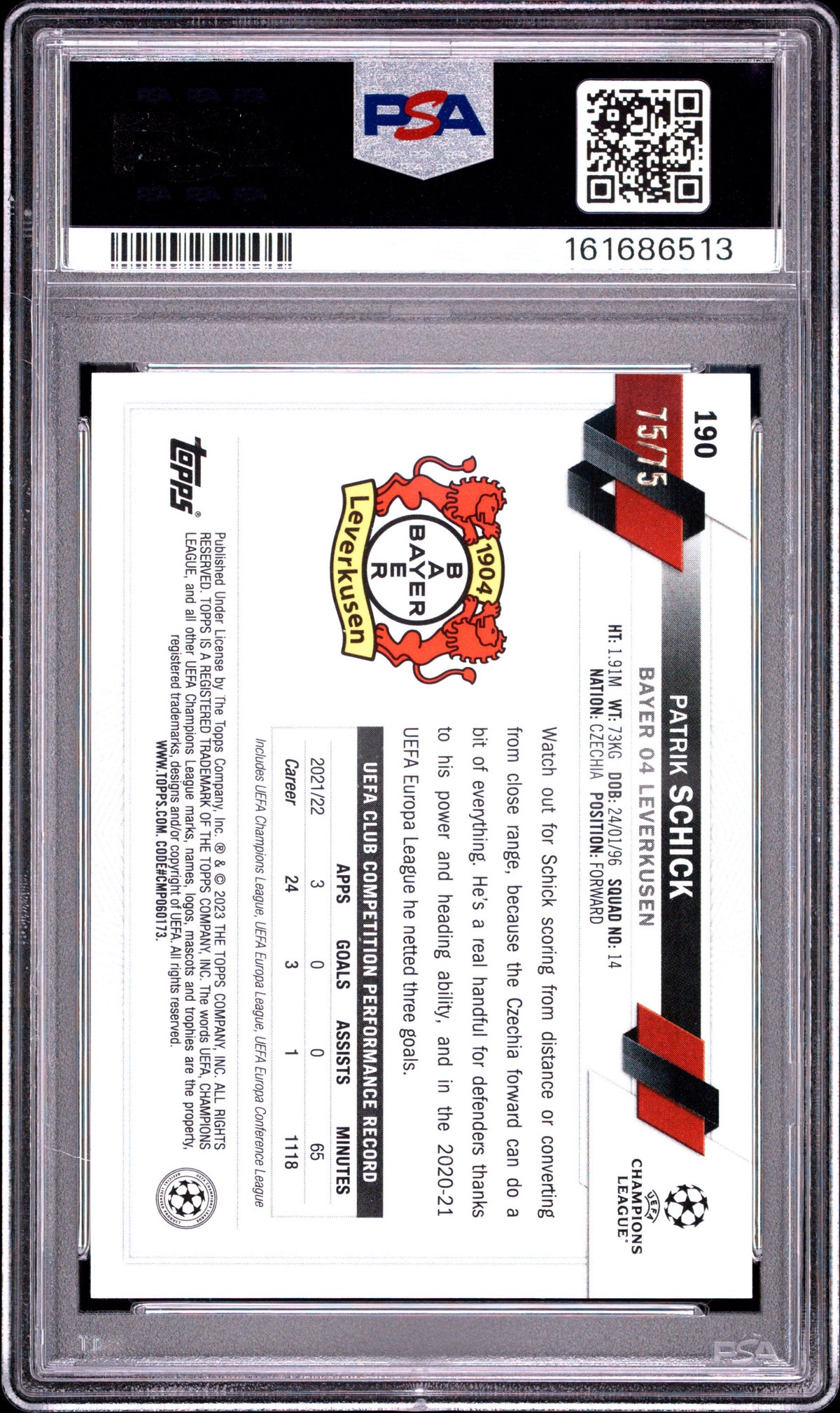 2022-23 Topps Chrome UEFA Club Competitions #190 Patrik Schick Blue & Gold Seismic Refractor /75 PSA 9 POP1