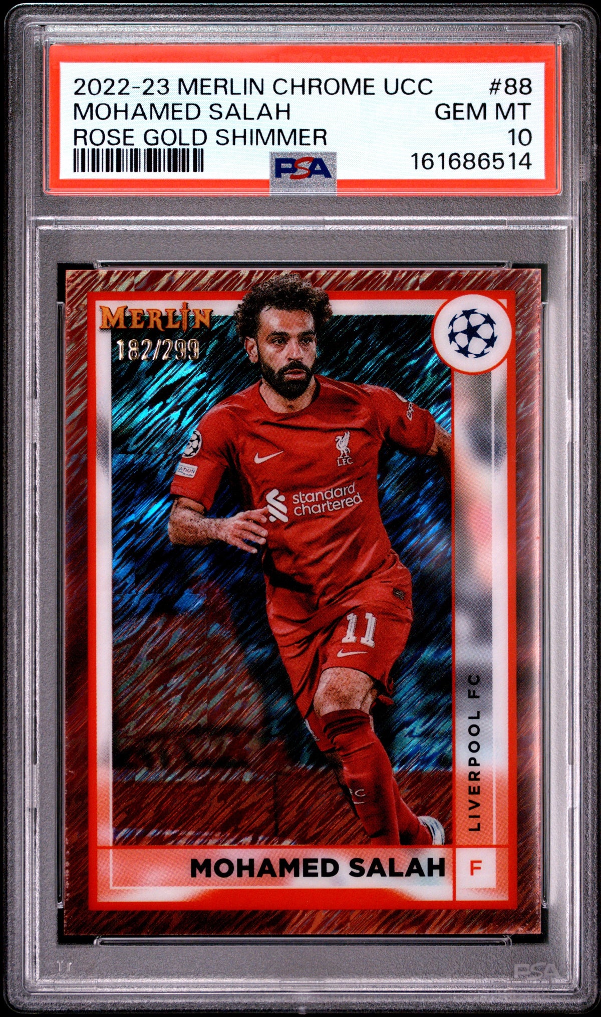 2022-23 Topps Merlin Chrome UEFA Club Competitions #88 Mohamed Salah Rose Gold Shimmer /299 PSA 10