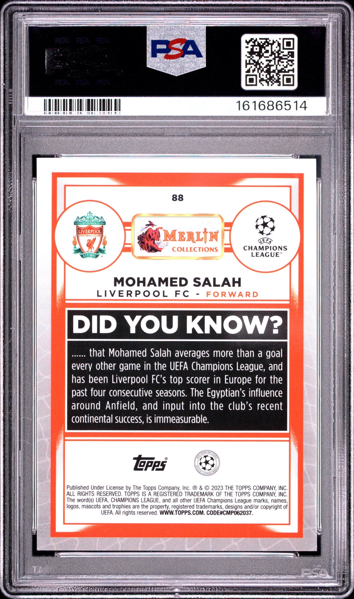 2022-23 Topps Merlin Chrome UEFA Club Competitions #88 Mohamed Salah Rose Gold Shimmer /299 PSA 10