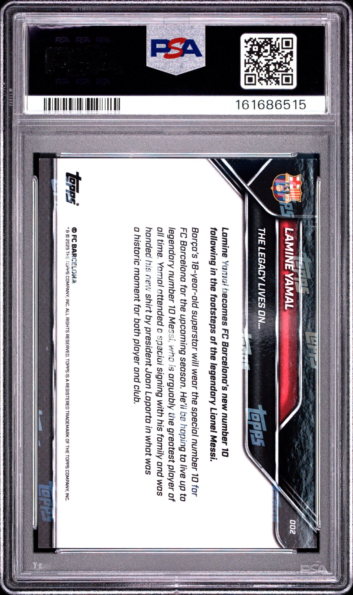 2025 Topps Now FC Barcelona #2 Lamine Yamal PSA 9 Number 10 Lionel Messi