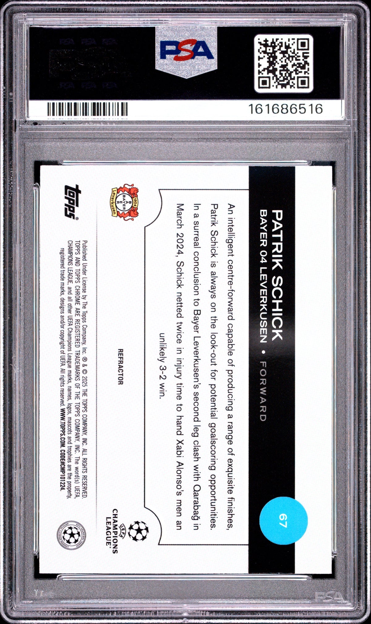 2024-25 Topps Chrome UEFA Club Competitions #67 Patrik Schick Refractor PSA 9