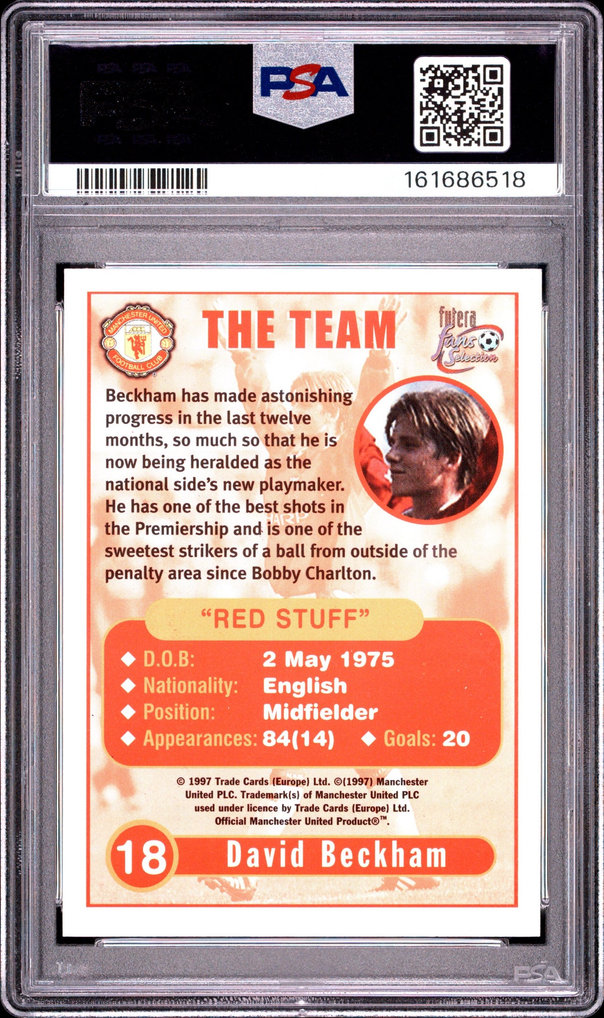 1997-98 Futera Fan's Selection Manchester United #18 David Beckham PSA 8 Premier