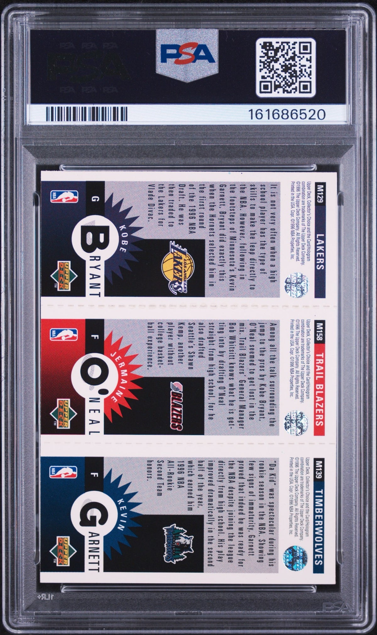 1996 Collector's Choice Mini II K.Bryant/K.Garnett/J.O'Neal PSA 8 Kobe Rookie