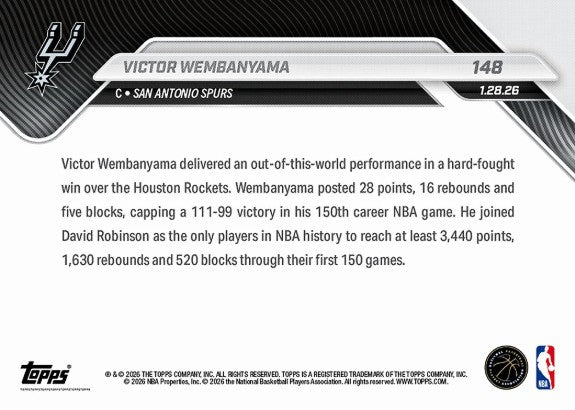 PRE-ORDER Topps NOW Victor Wembanyama 2025-26 NBA Card 148 2026 Feb1