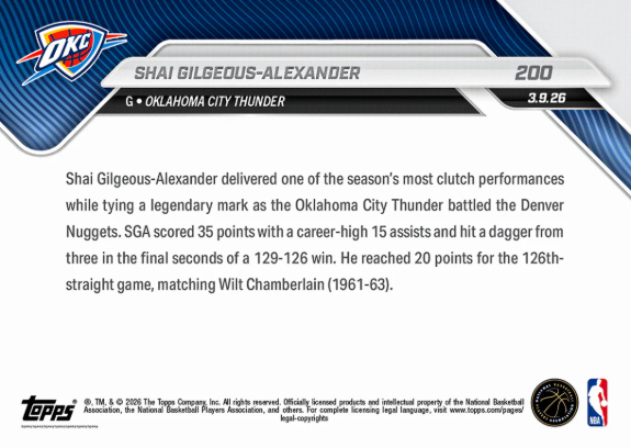 PRE-ORDER Topps NOW Shai Gilgeous-Alexander 2025-26 NBA Card 200 Mar13